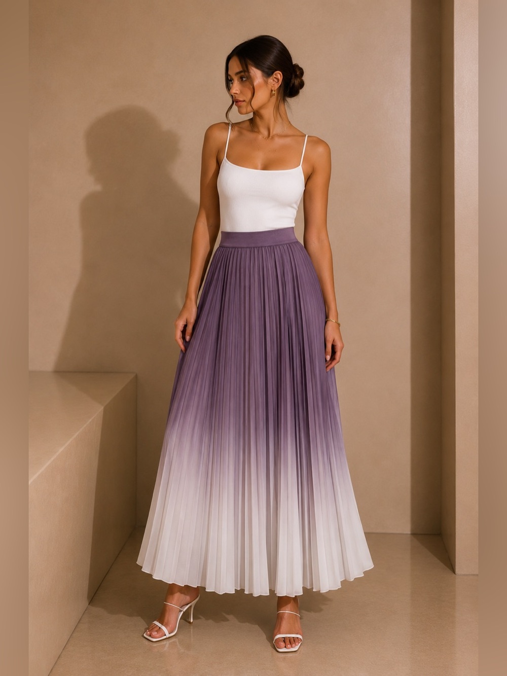 Commense Lavender-to-White Ombre Pleated Maxi Skirt